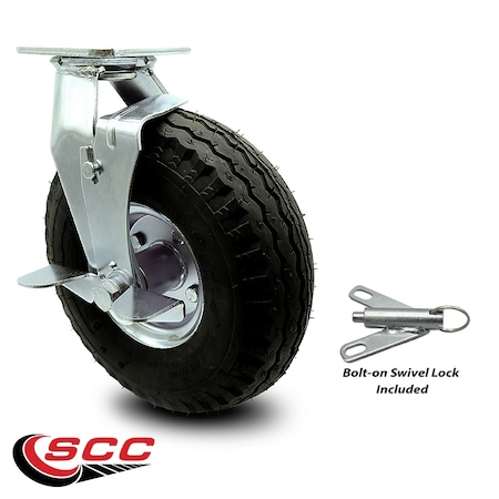 Service Caster 10 Inch Black Pneumatic Wheel Swivel Caster with Brake and Bolt Swivel Lock SCC SCC-100S3504-PNB-TLB-BSL